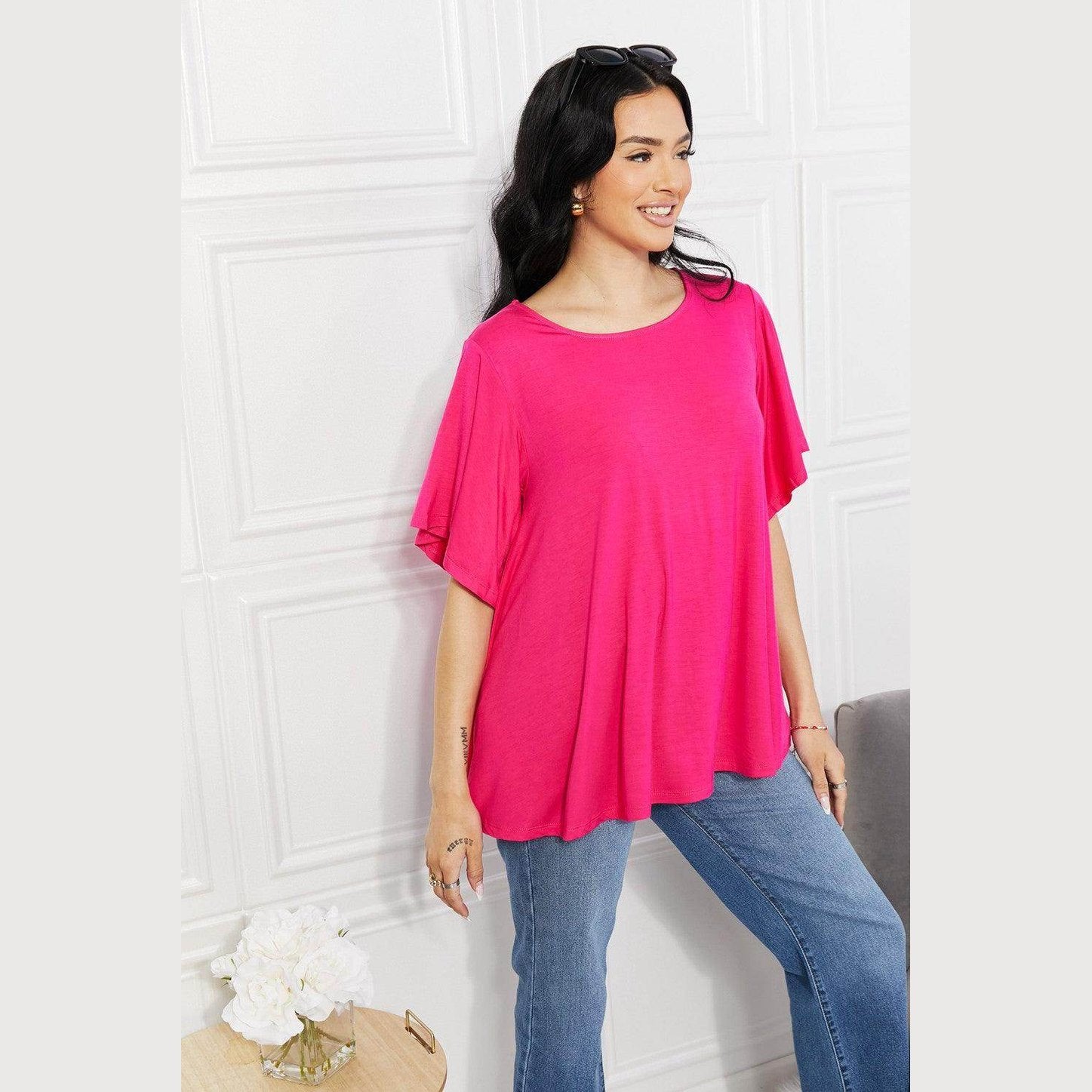 Trendsi elegant pink top with flowy sleeves perfect for casual outings or dressy occasions
