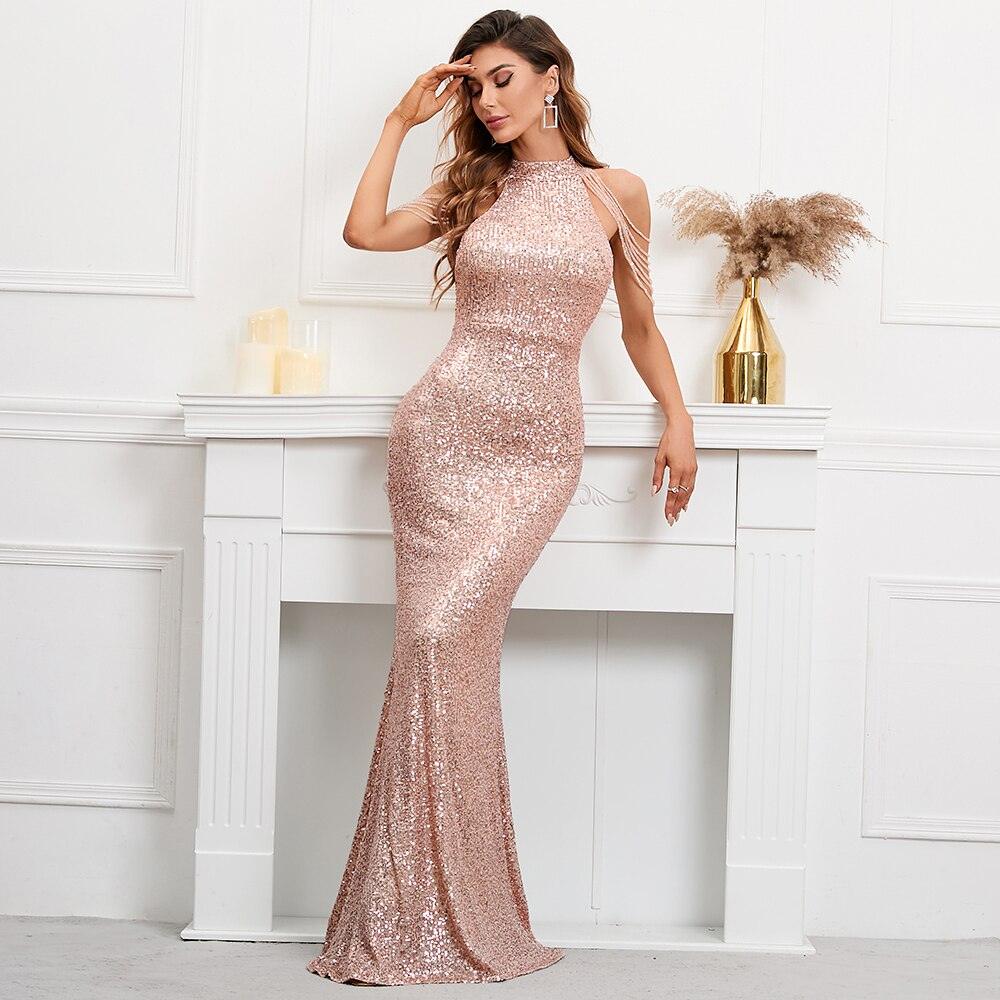 Elegant Sequin Beading Halter Evening Dress Women Long Prom –  VacationGrabs