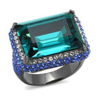 Stunning emerald cut crystal cocktail ring with blue and clear crystals for an elegant look