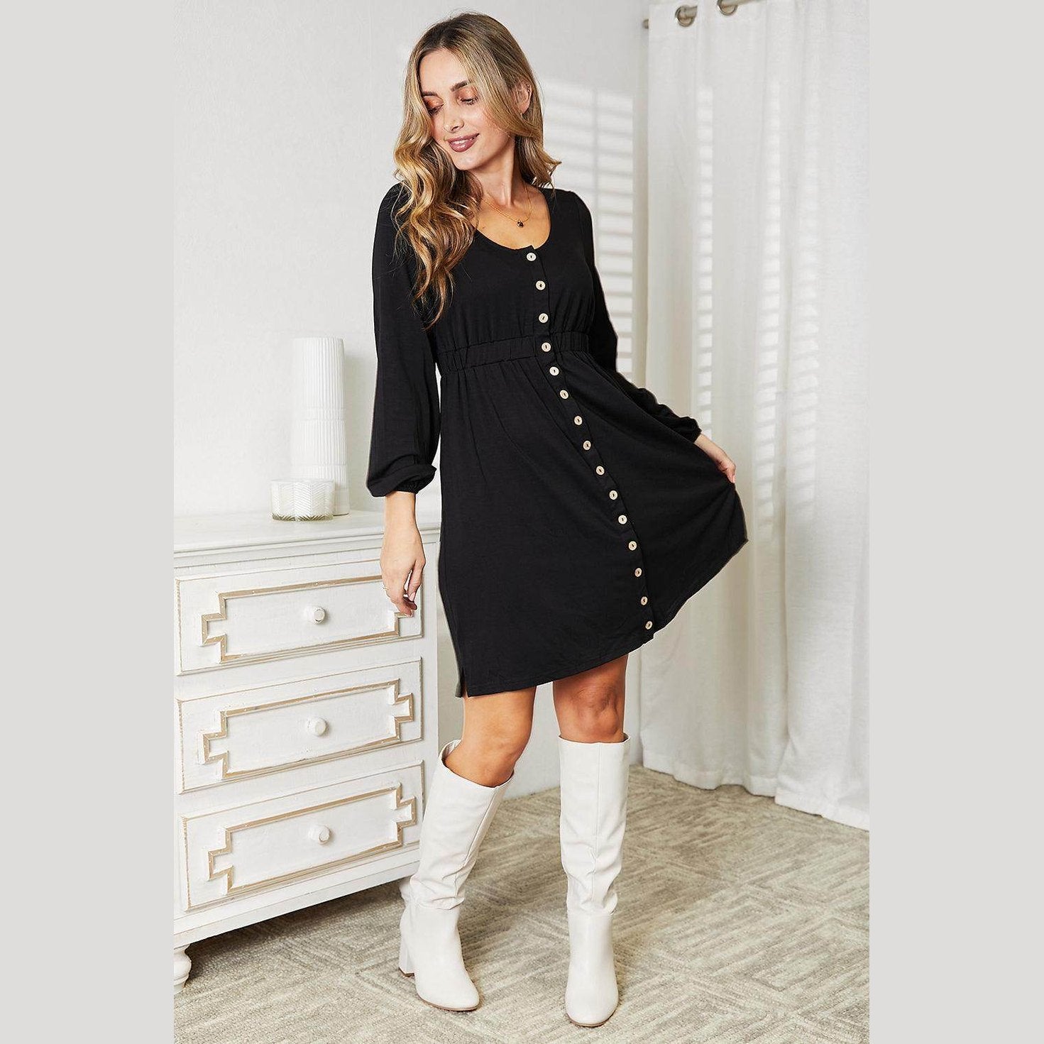 Trendsi black empire waist dress for travel with button front and long sleeves for stylish comfort
