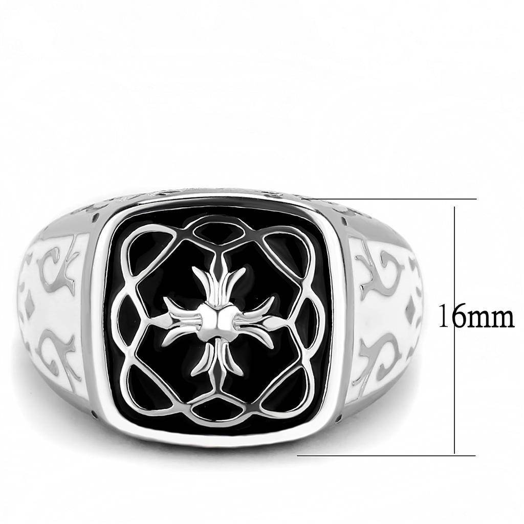 Epoxy design men's rings with intricate sun pattern and polished silver finish, measuring 16mm