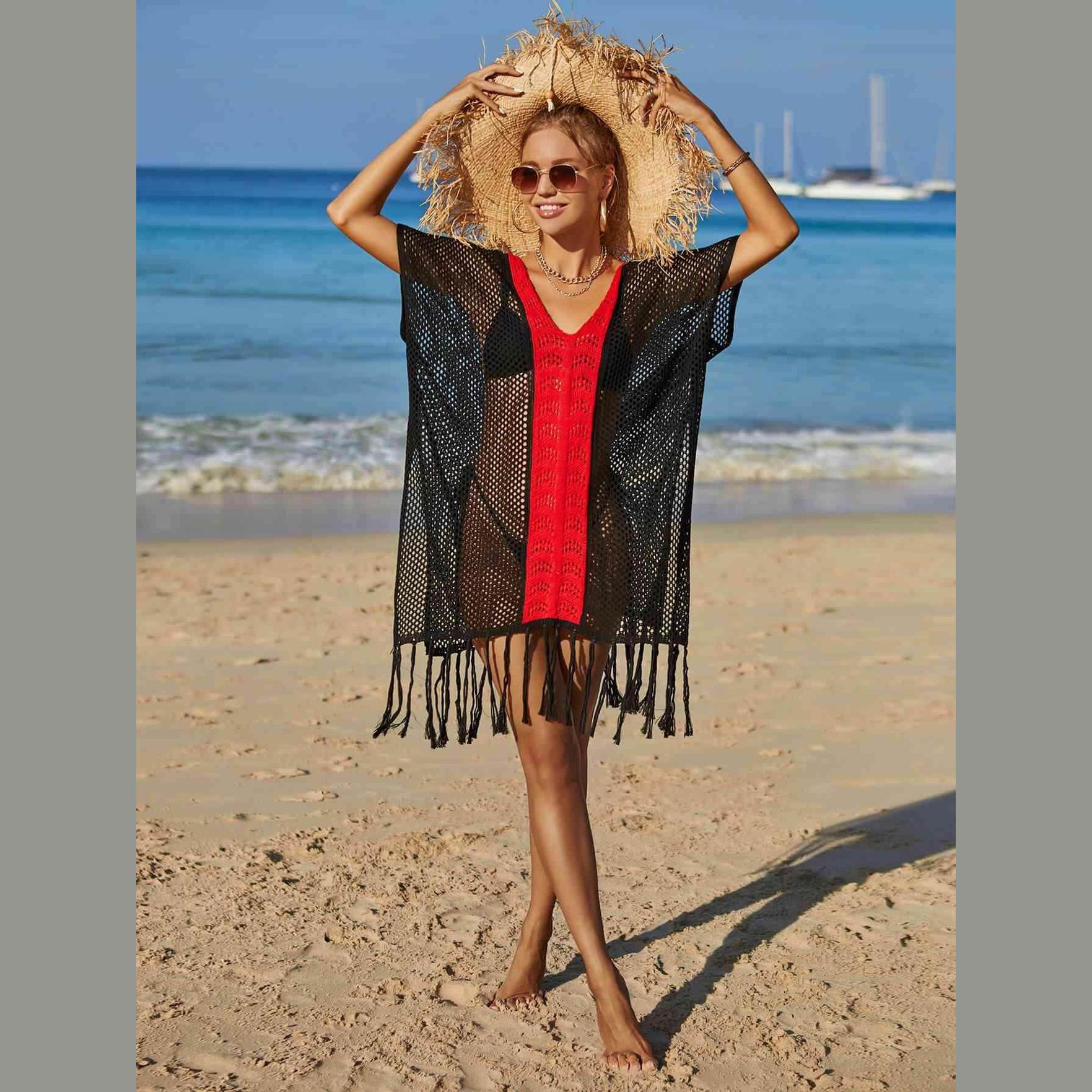 Contrast Fringe Trim Openwork Cover-Up Dress - VacationGrabs