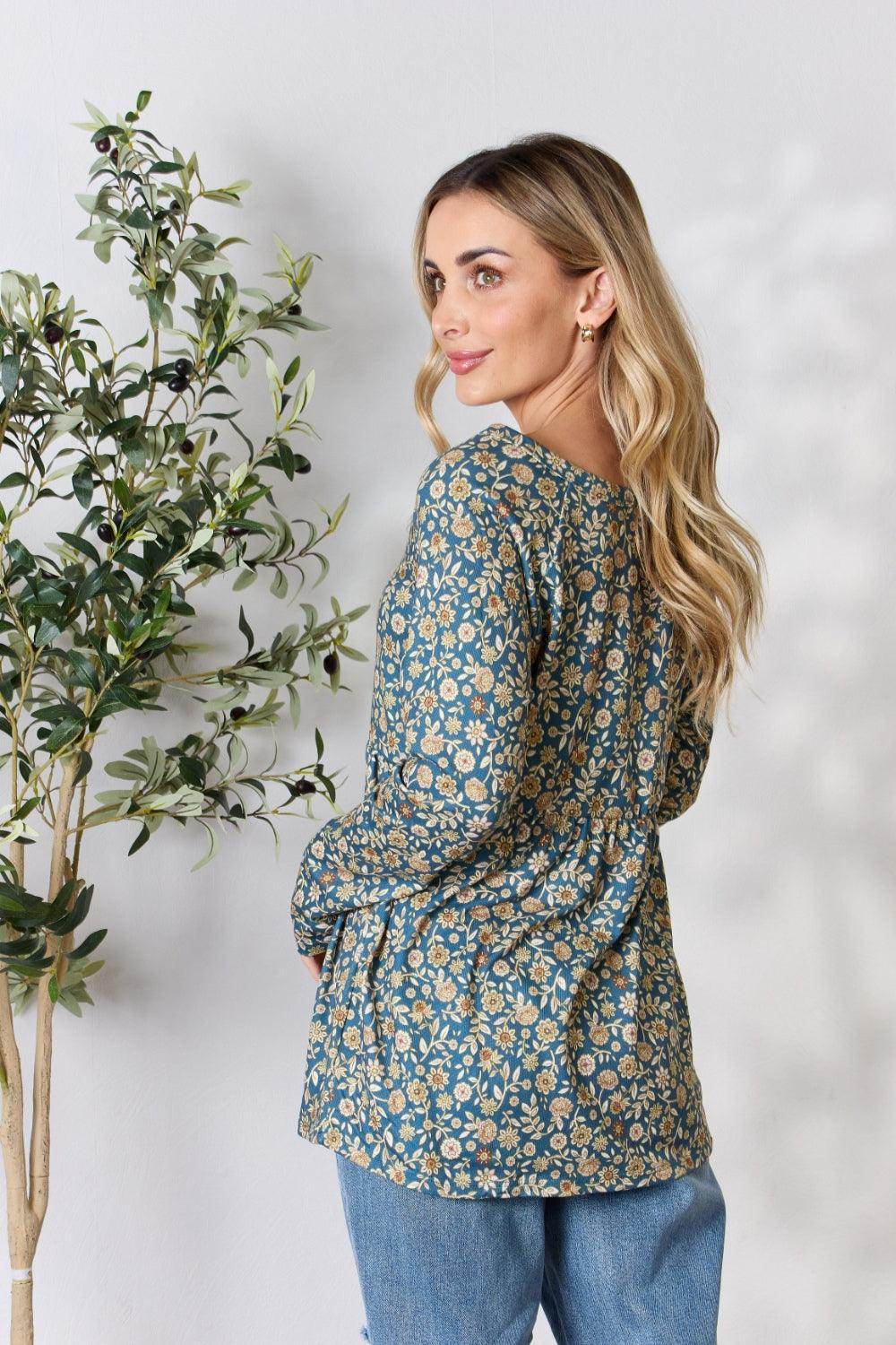 Heimish Full Size Floral Half Button Long Sleeve Blouse - VacationGrabs