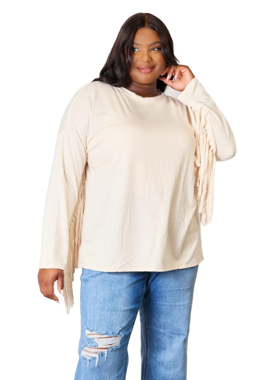 Women's Shirts Celeste Full Size Fringe Detail Long Sleeve Blouse