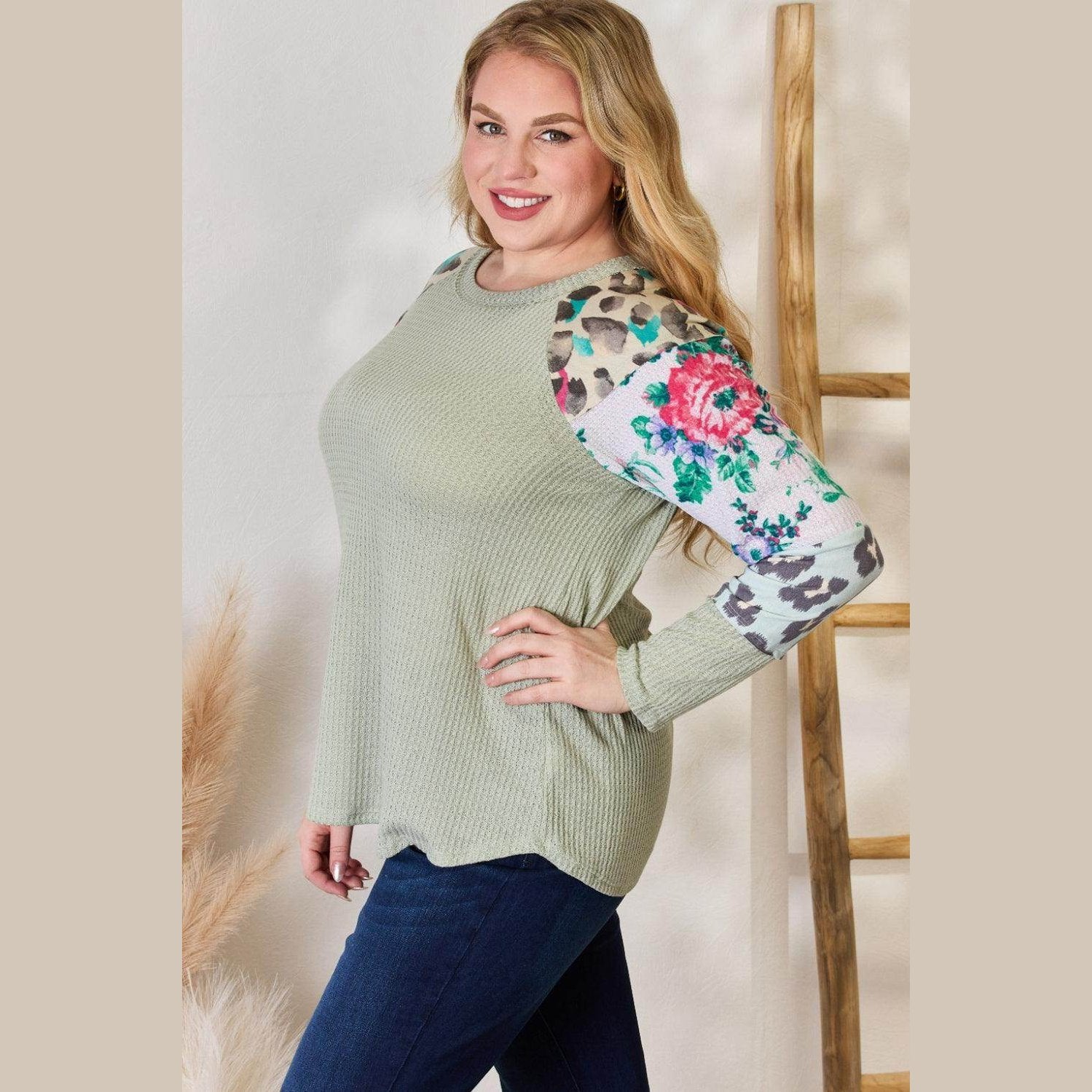 Hailey & Co Full Size Printed Round Neck Blouse - VacationGrabs