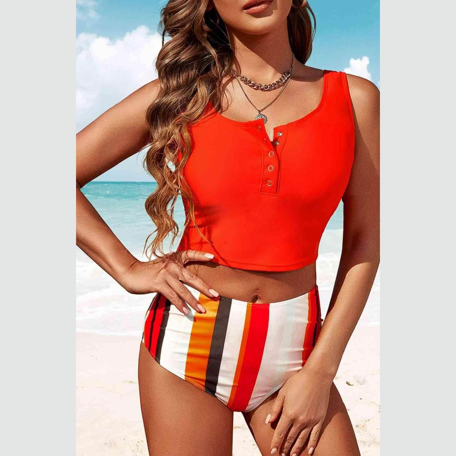 Half Snap Square Neck Tankini Set - VacationGrabs