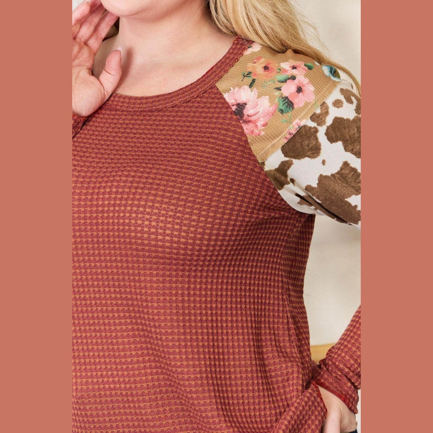 Hailey & Co Full Size Leopard Waffle-Knit Blouse - VacationGrabs