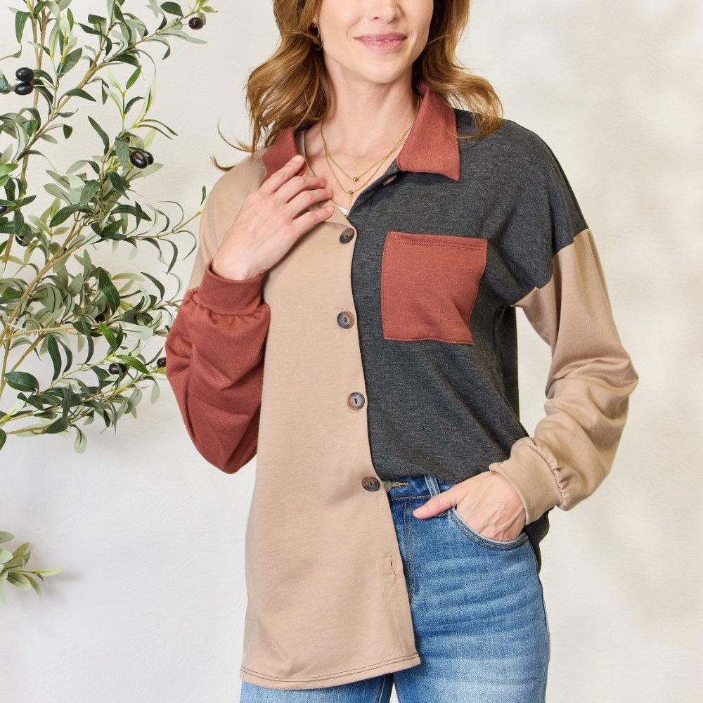Women's Shirts Heimish Full Size Color Block Button Down Shacket