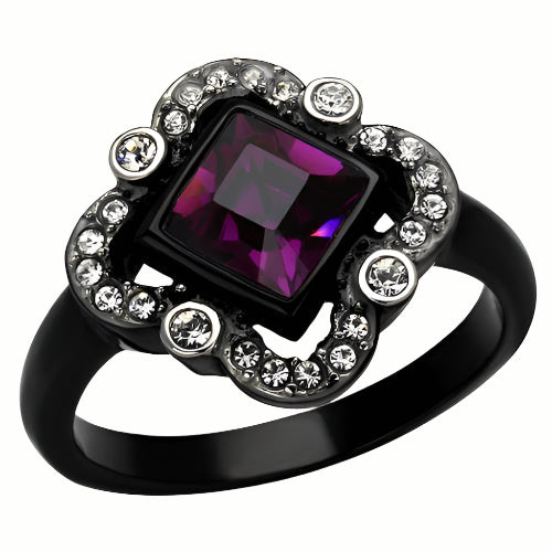 Elegant women's fashion jewelry for vacations, featuring a black ring with a purple gemstone and sparkling accents