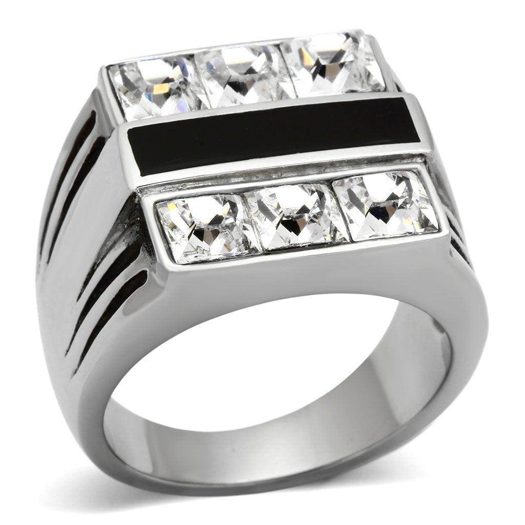 Stylish men's fashion ring for vacations featuring shiny crystals and a sleek black accent