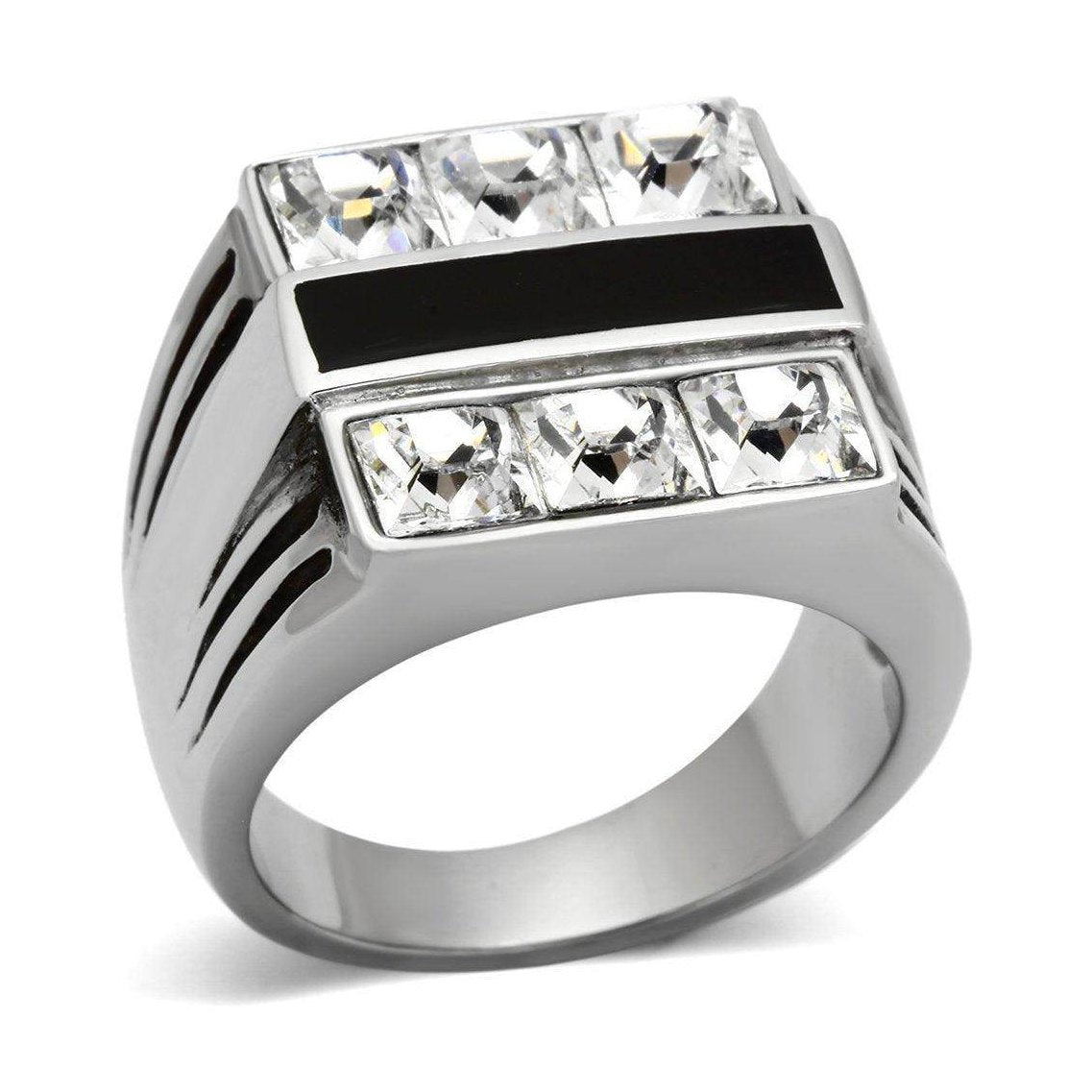 Stylish men's fashion ring for vacations featuring shiny crystals and a sleek black accent
