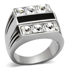 Stylish men's fashion ring for vacations featuring shiny crystals and a sleek black accent