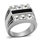 Stylish men's fashion ring for vacations featuring shiny crystals and a sleek black accent