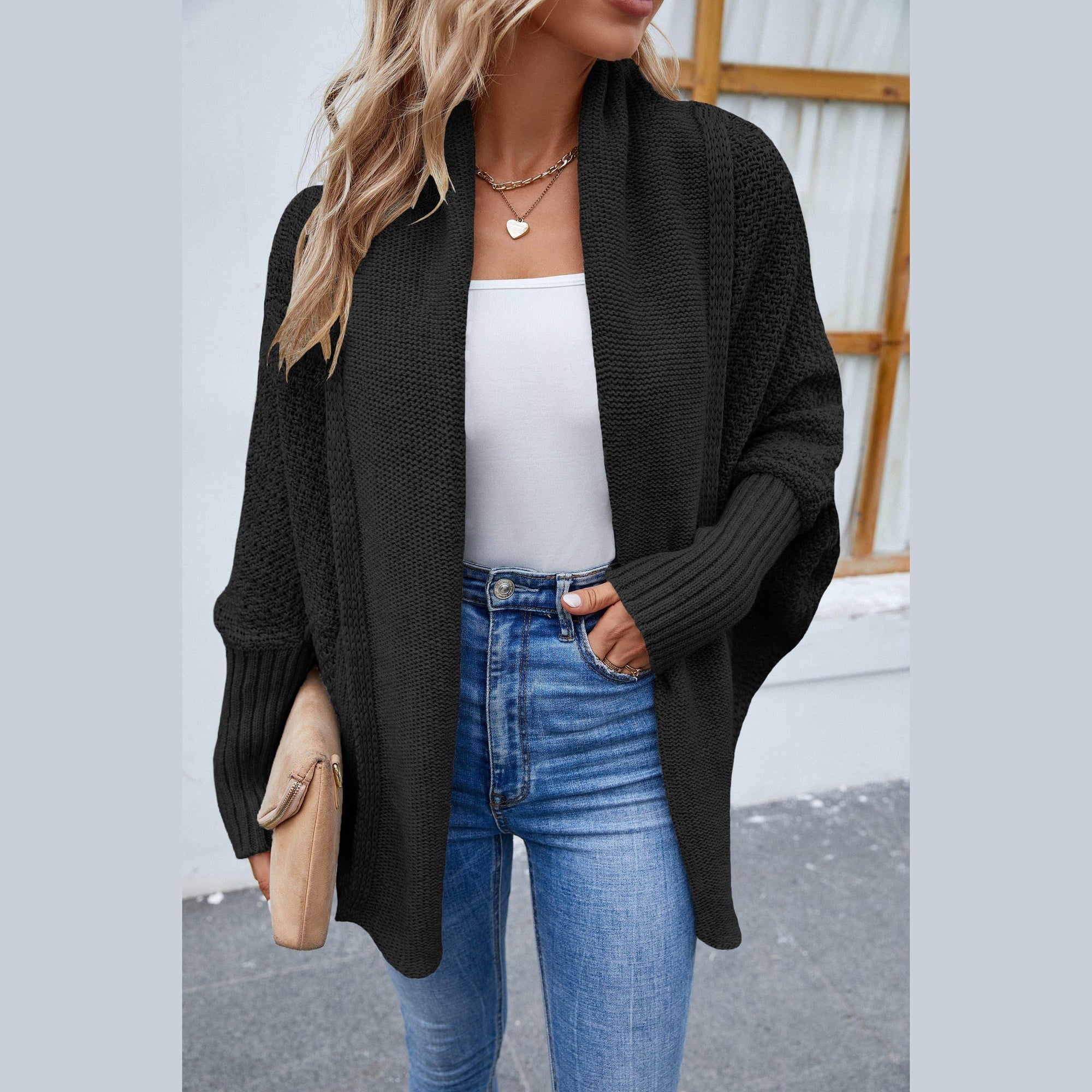 Trendsi stylish travel cardigan in dark color with wide sleeves and an open front design