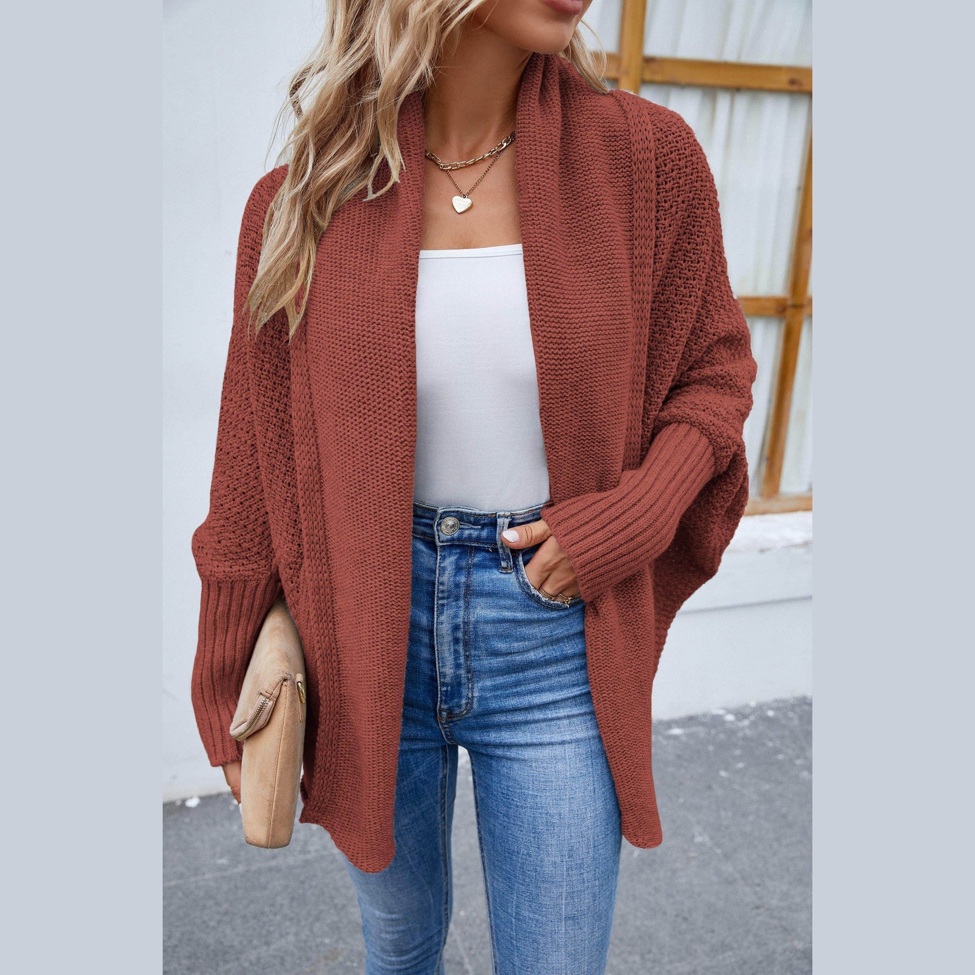 Trendsi stylish travel cardigan in rust color, perfect for layering over casual outfits
