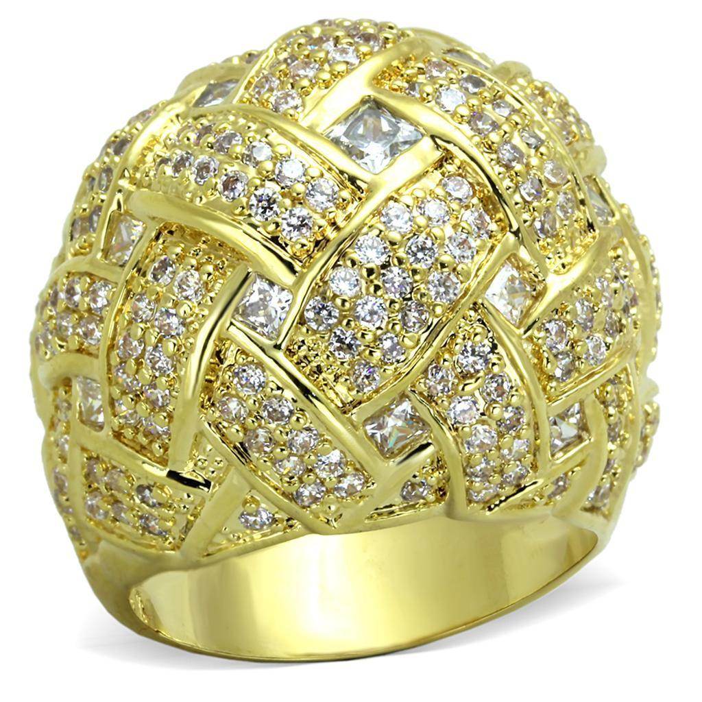 Elegant gold women's ring with intricately woven design and sparkling rhinestones for a glamorous look