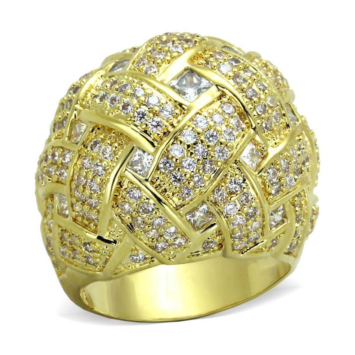 Elegant gold women's ring with intricately woven design and sparkling rhinestones for a glamorous look