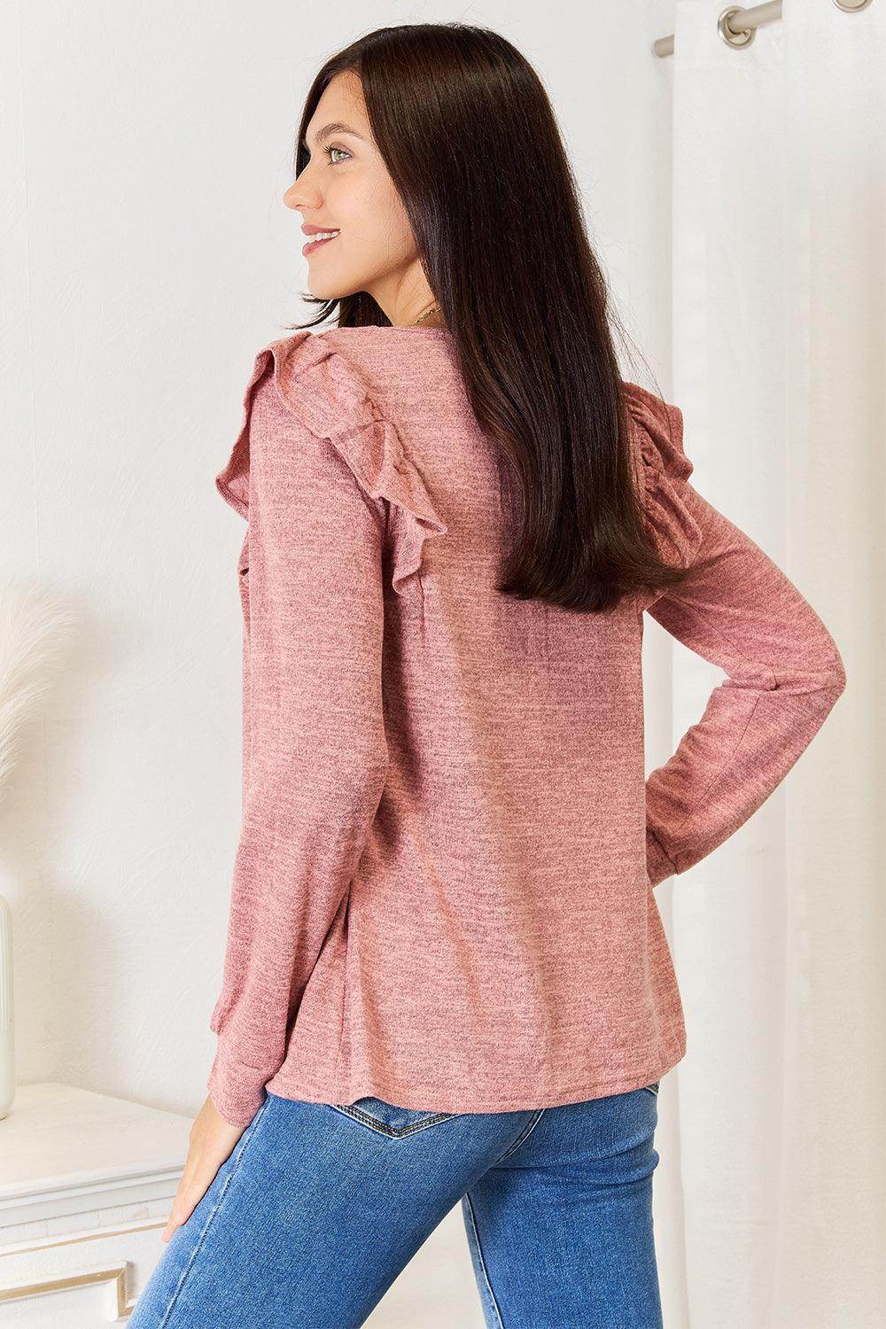 Double Take Square Neck Ruffle Shoulder Long Sleeve T-Shirt - VacationGrabs