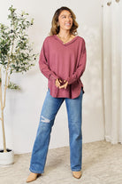 Women's Shirts Culture Code Full Size V-Neck Exposed Seam Long Sleeve Blouse