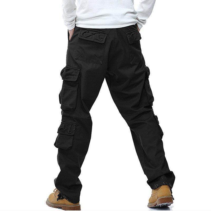 Men's fleece lined cargo pants in black with multiple pockets for utility and comfort