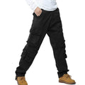 Men's fleece lined cargo pants in black with multiple pockets for storage and comfort