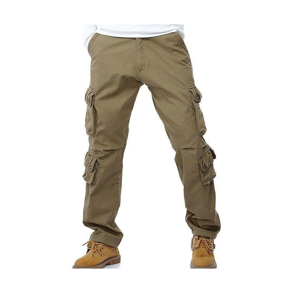 Men's fleece lined cargo pants in khaki with multiple pockets for versatility and comfort