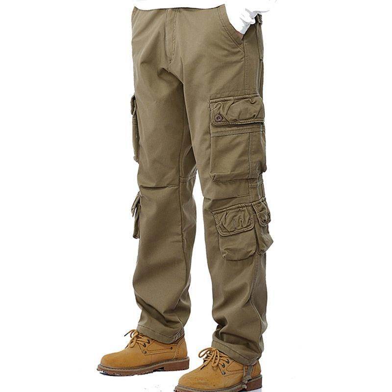 Men's fleece lined cargo pants in olive green with multiple pockets and a comfortable fit