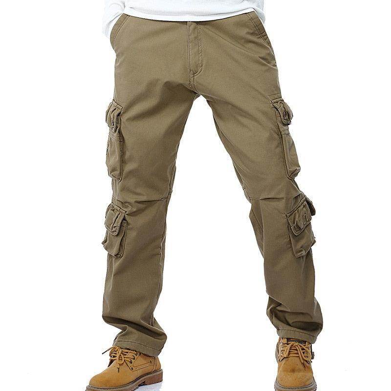 Men's fleece lined cargo pants in khaki with multiple pockets for convenience and style