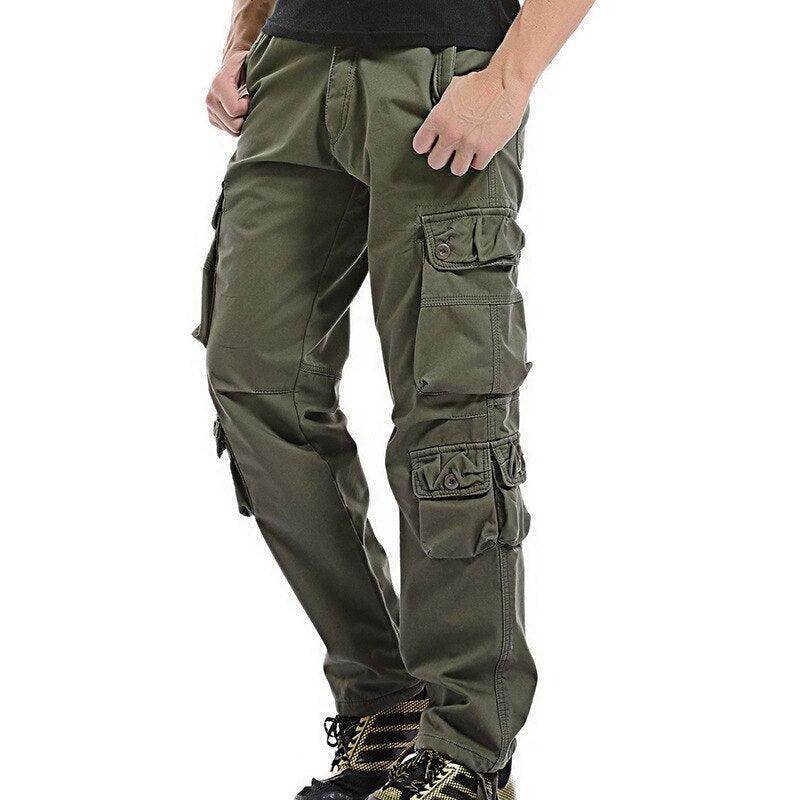 Men's fleece lined cargo pants in olive green with multiple pockets for versatile wear