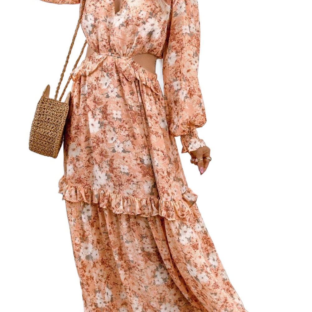 Women's Dresses Floral Cutout Frill Trim Flounce Sleeve Dress