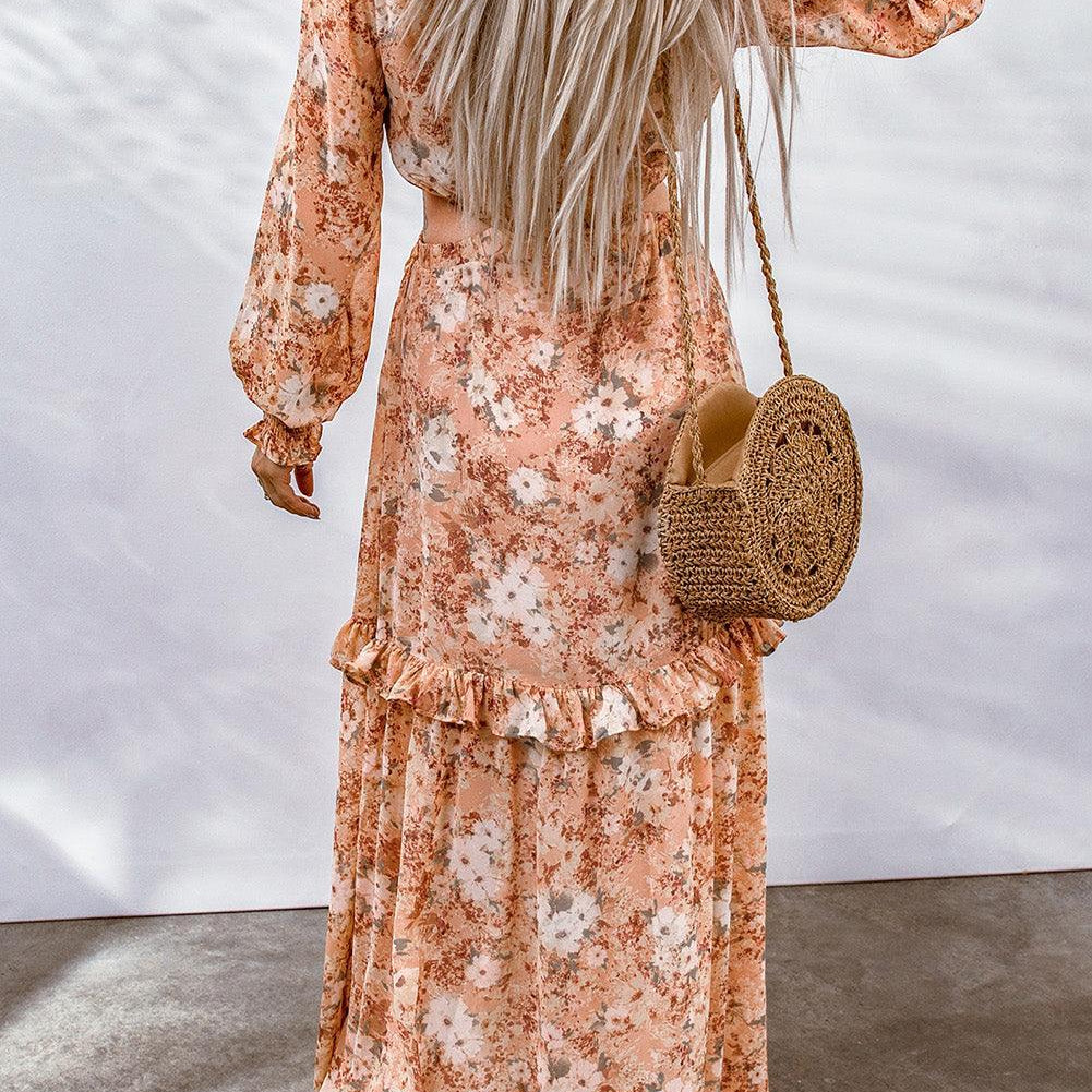 Women's Dresses Floral Cutout Frill Trim Flounce Sleeve Dress