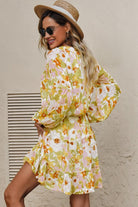 Women's Dresses Floral Frill Trim Puff Sleeve Notched Neck Dress