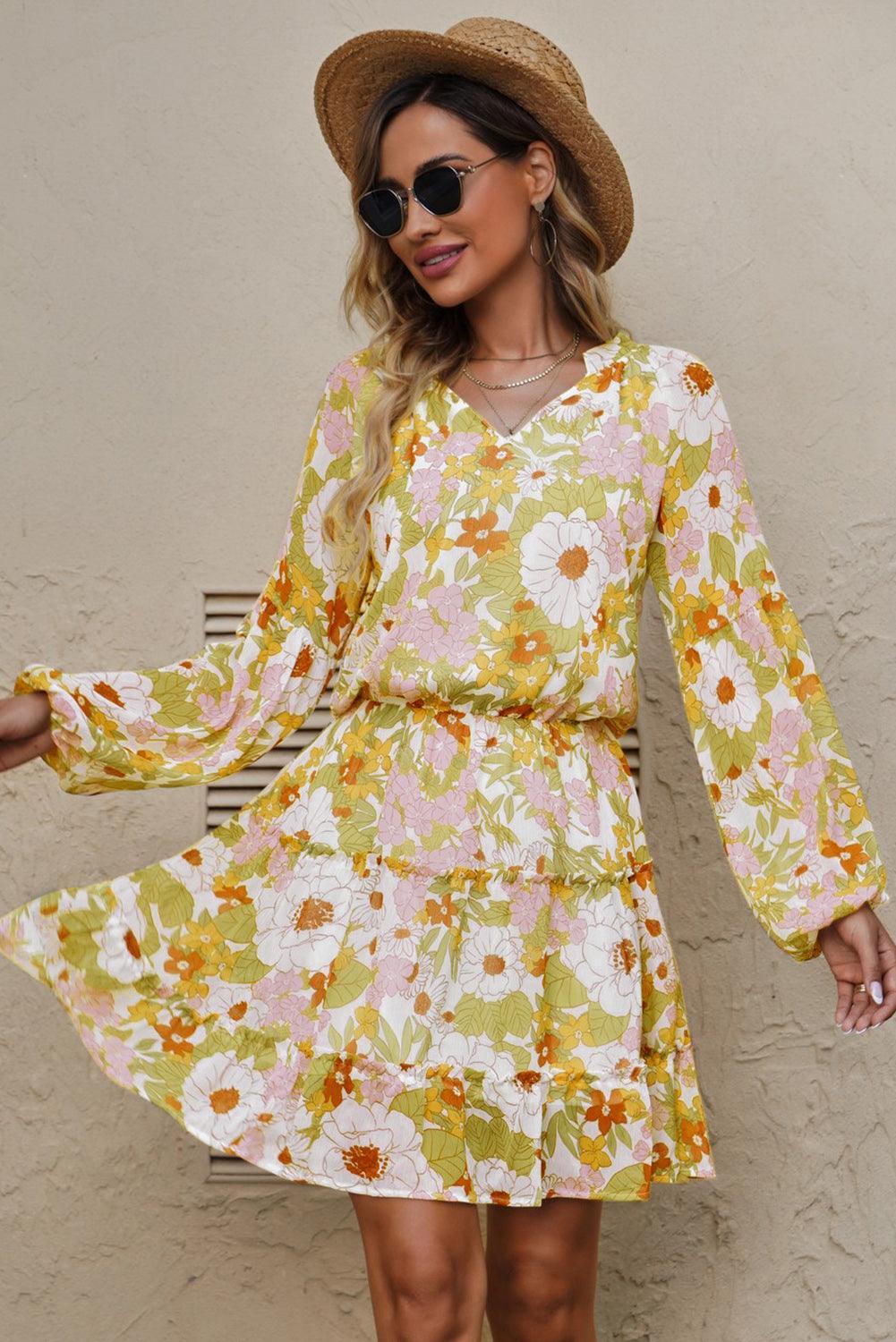 Women's Dresses Floral Frill Trim Puff Sleeve Notched Neck Dress