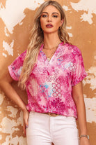 Women's Shirts Floral Notched Neck Short Sleeve Top