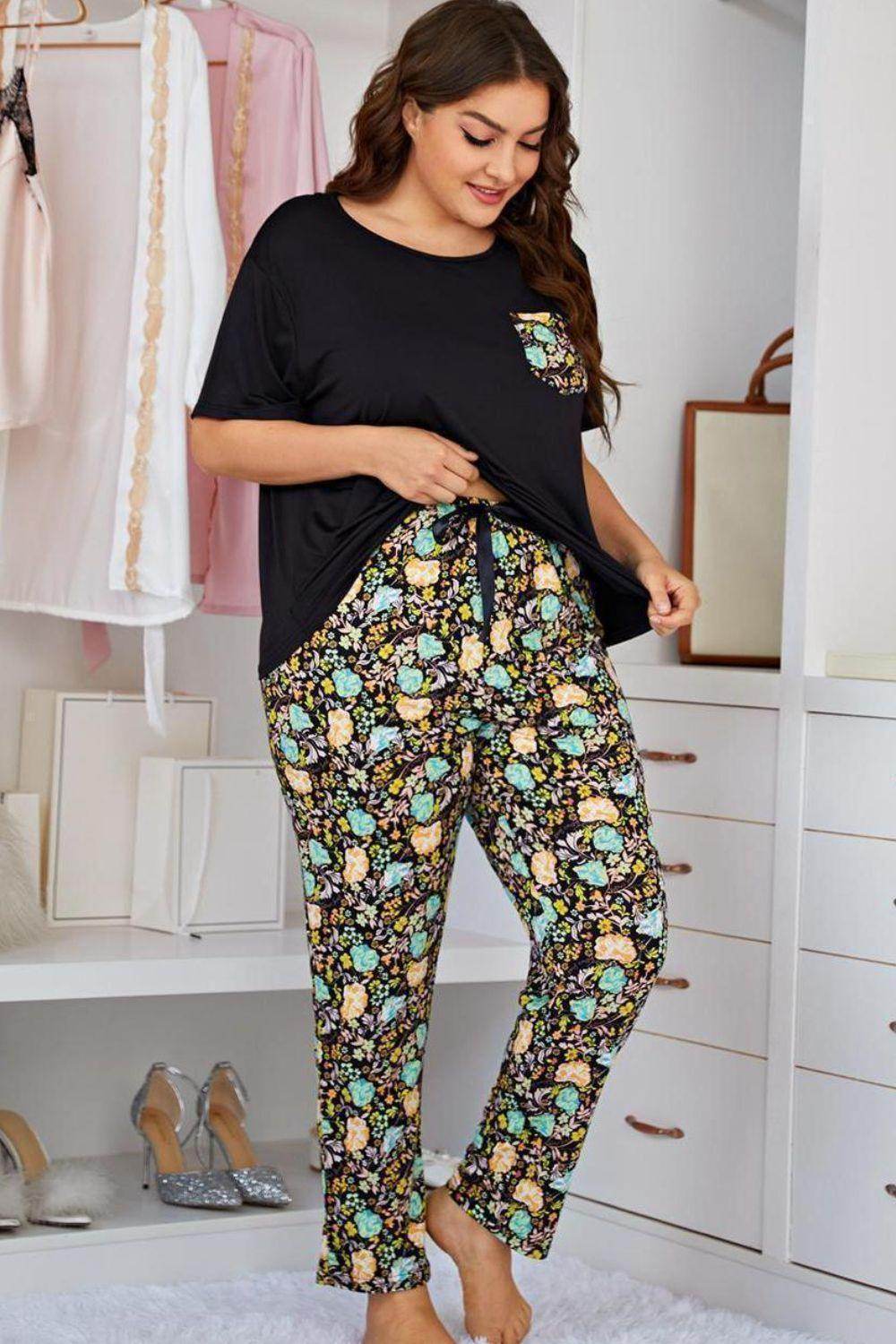 Trendsi floral pants set for women featuring a black top and colorful floral pants for comfortable lounging