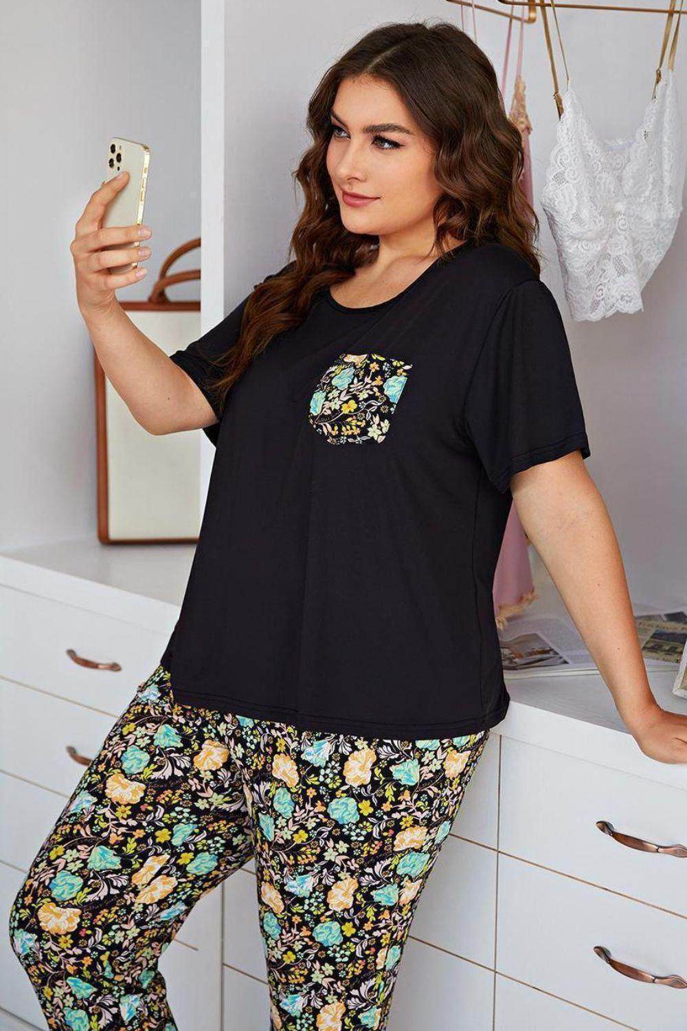 Trendsi women's sleepwear featuring a black top and floral pants set for women with a stylish pocket