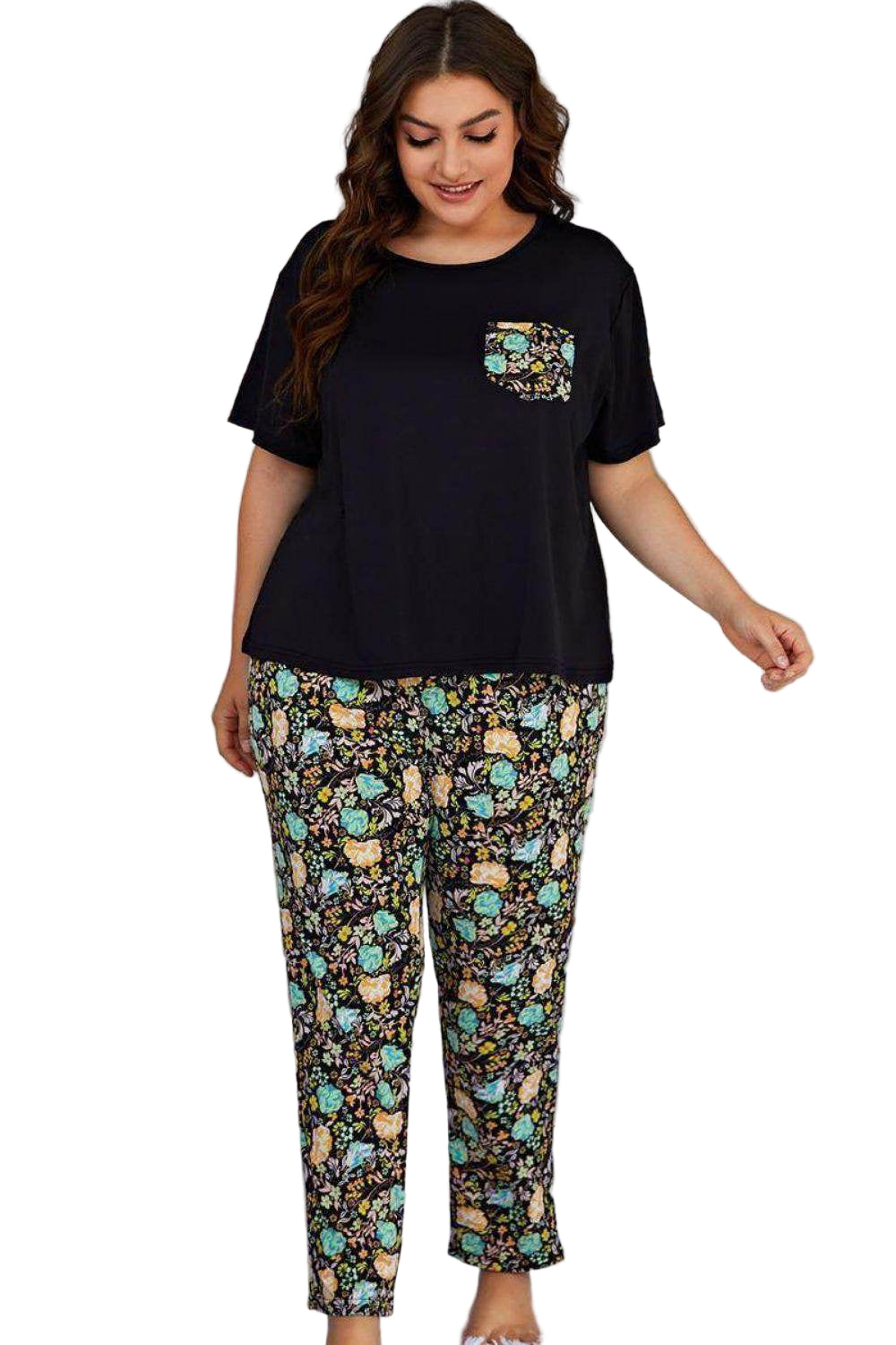 Trendsi floral pants set for women featuring a black top with pocket and stylish floral patterned pants