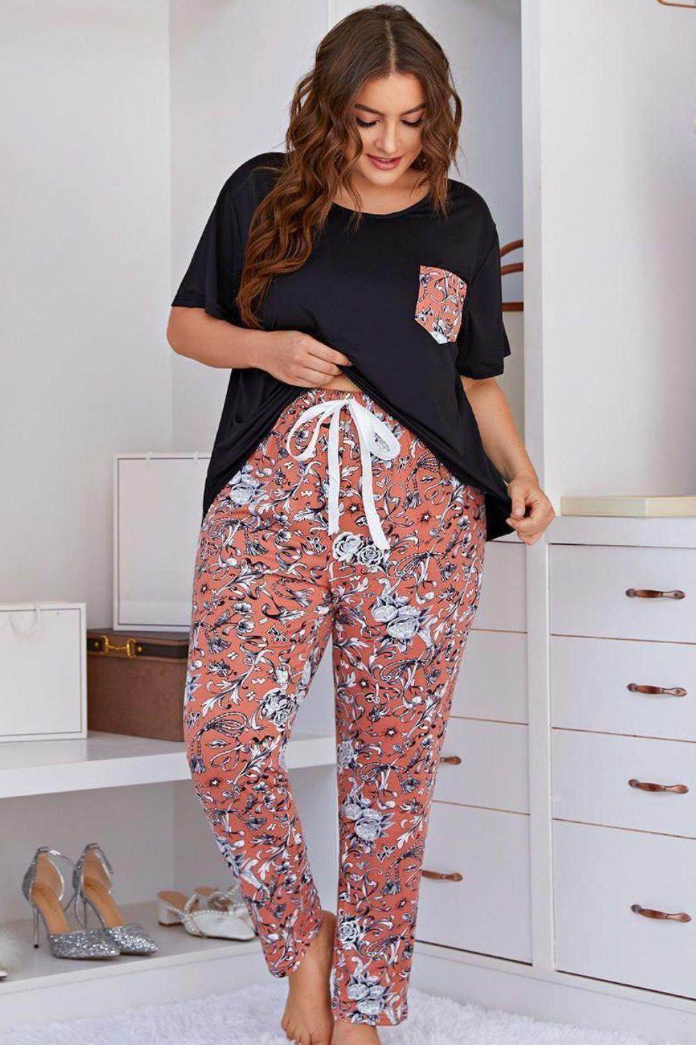 Trendsi floral pants set for women featuring a black top and floral printed bottoms for comfortable lounging
