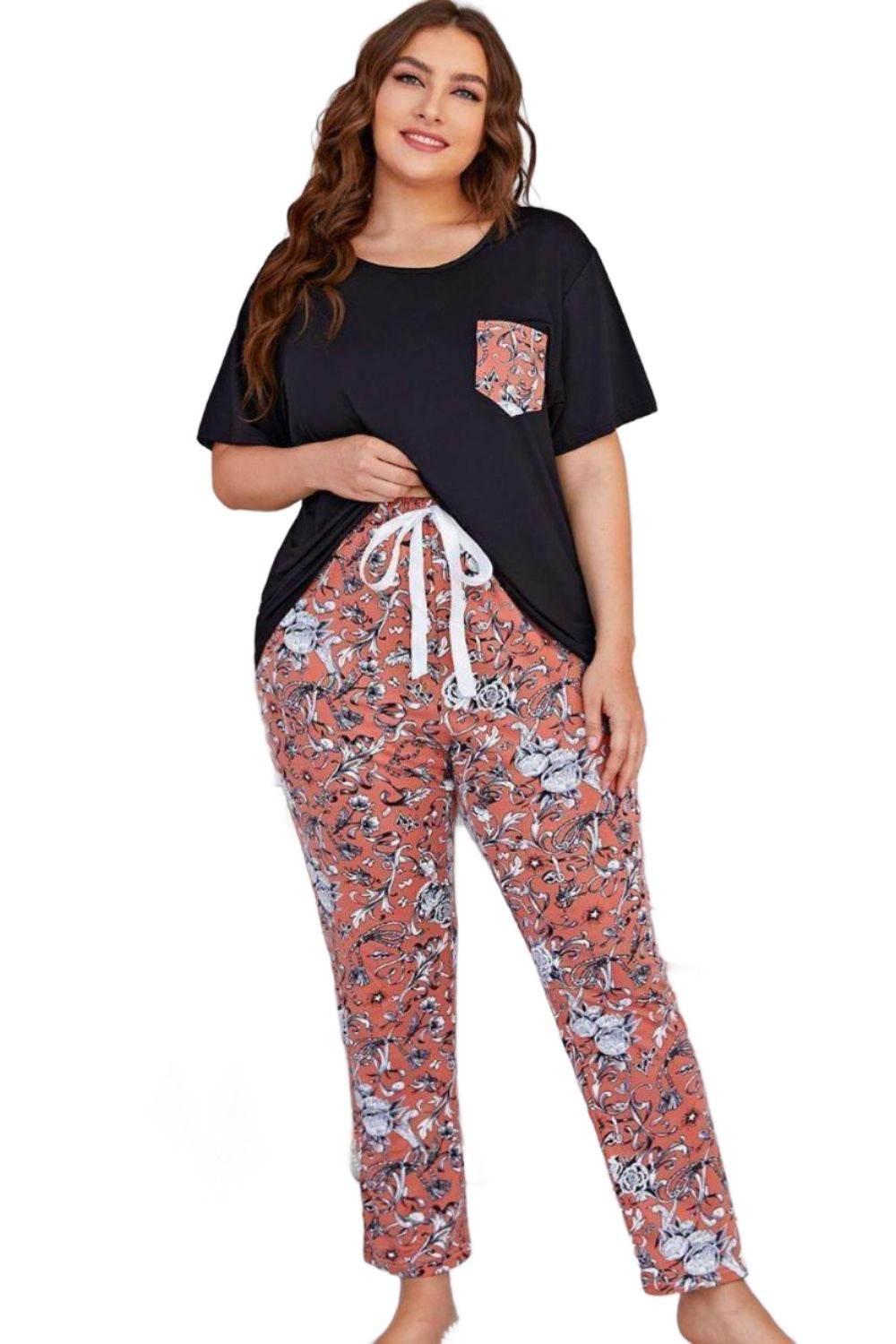 Trendsi floral pants set for women featuring a black top and patterned pants for stylish comfort