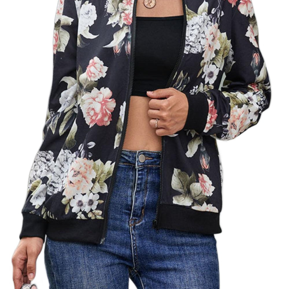 Women's Coats & Jackets Floral Print Zip Up Bomber Jacket
