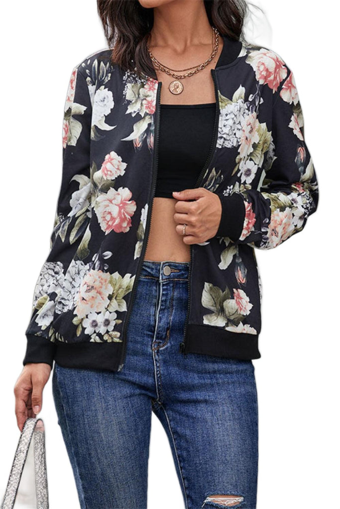 Women's Coats & Jackets Floral Print Zip Up Bomber Jacket