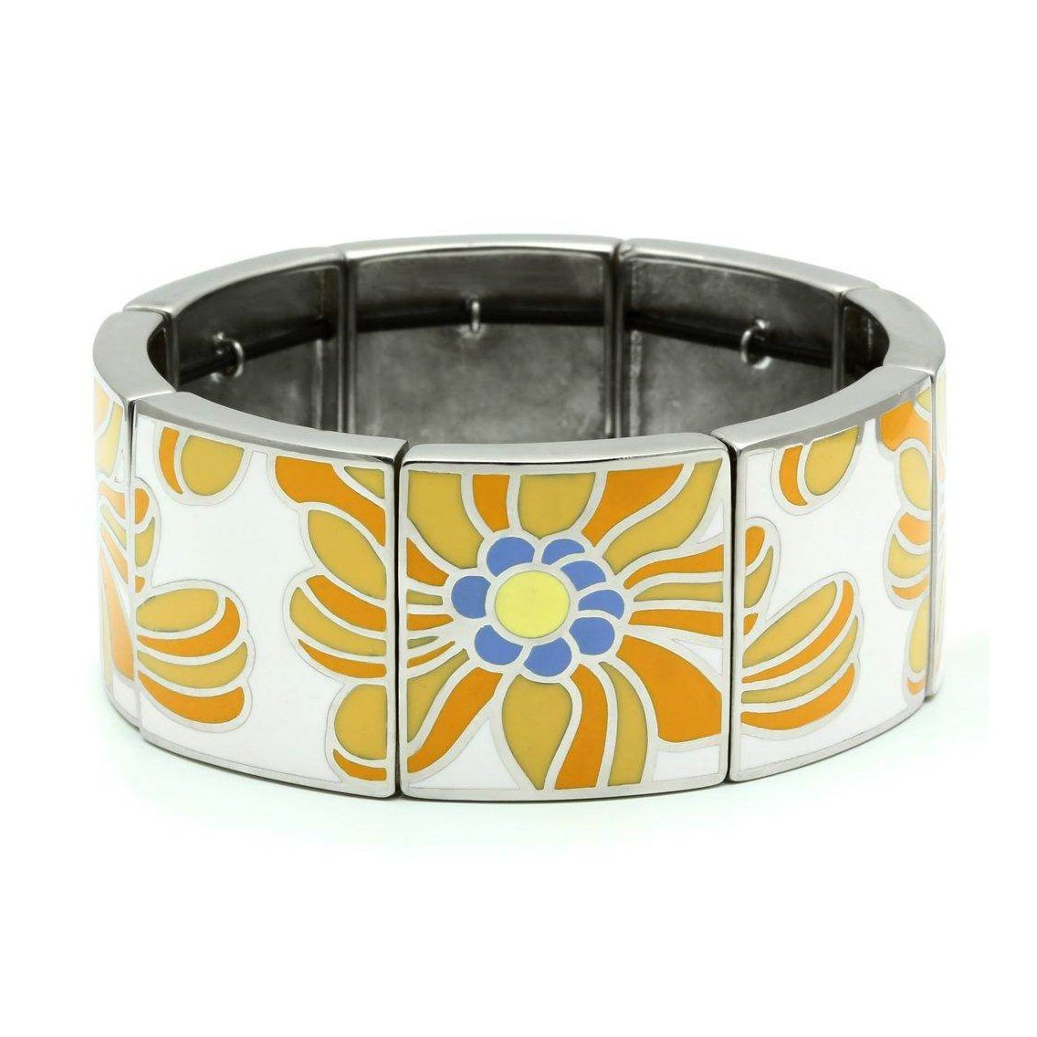 Stylish floral stretch bracelet featuring vibrant yellow and blue floral designs on a silver base