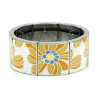 Stylish floral stretch bracelet featuring vibrant yellow and blue floral designs on a silver base