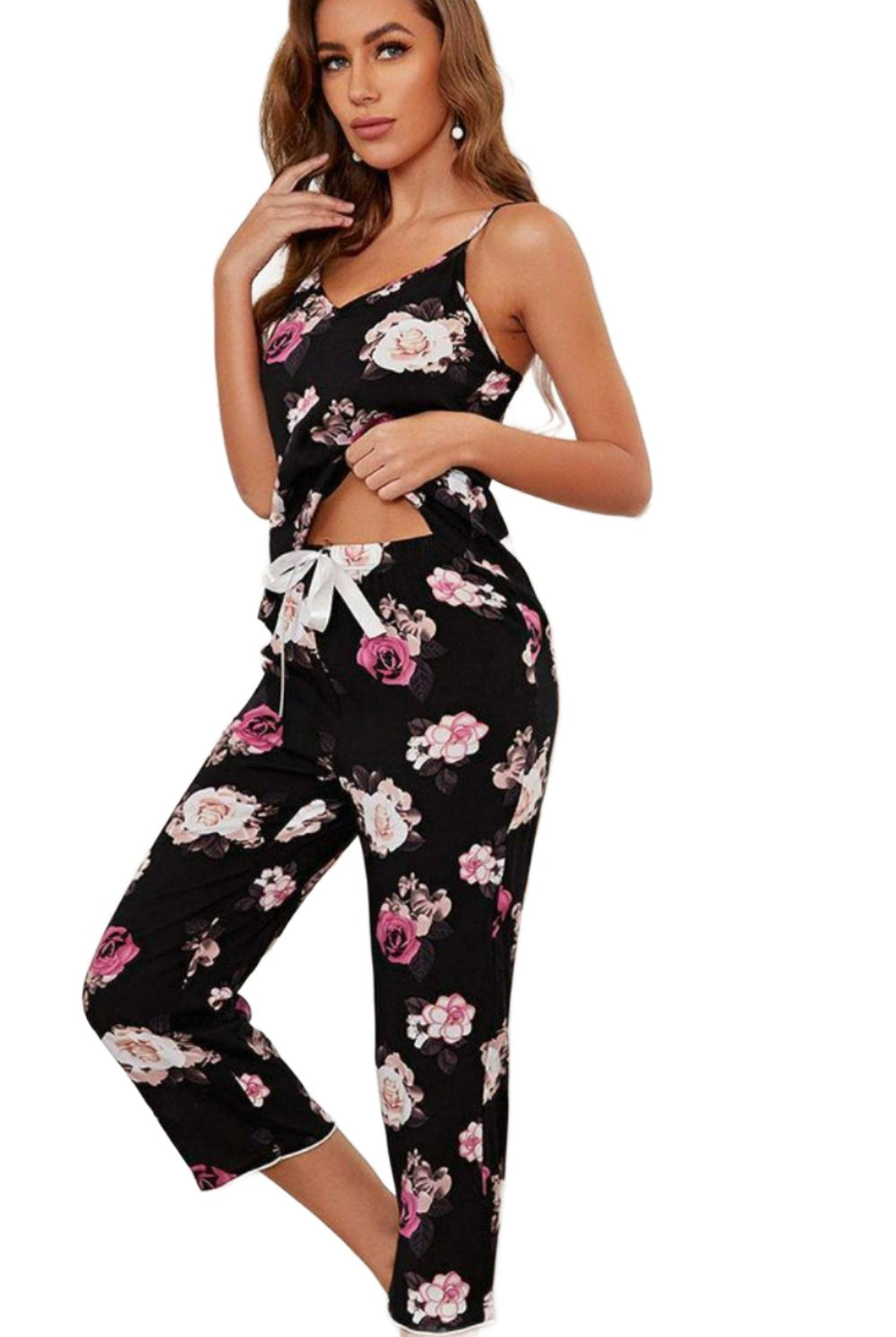 Women's Sleepwear/Loungewear Floral V-Neck Cami And Cropped Pants Lounge Set