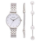 Women's Jewelry - Watches Folio Women's Silver Tone Watch, Bracelet & Jewelry Pouch Set