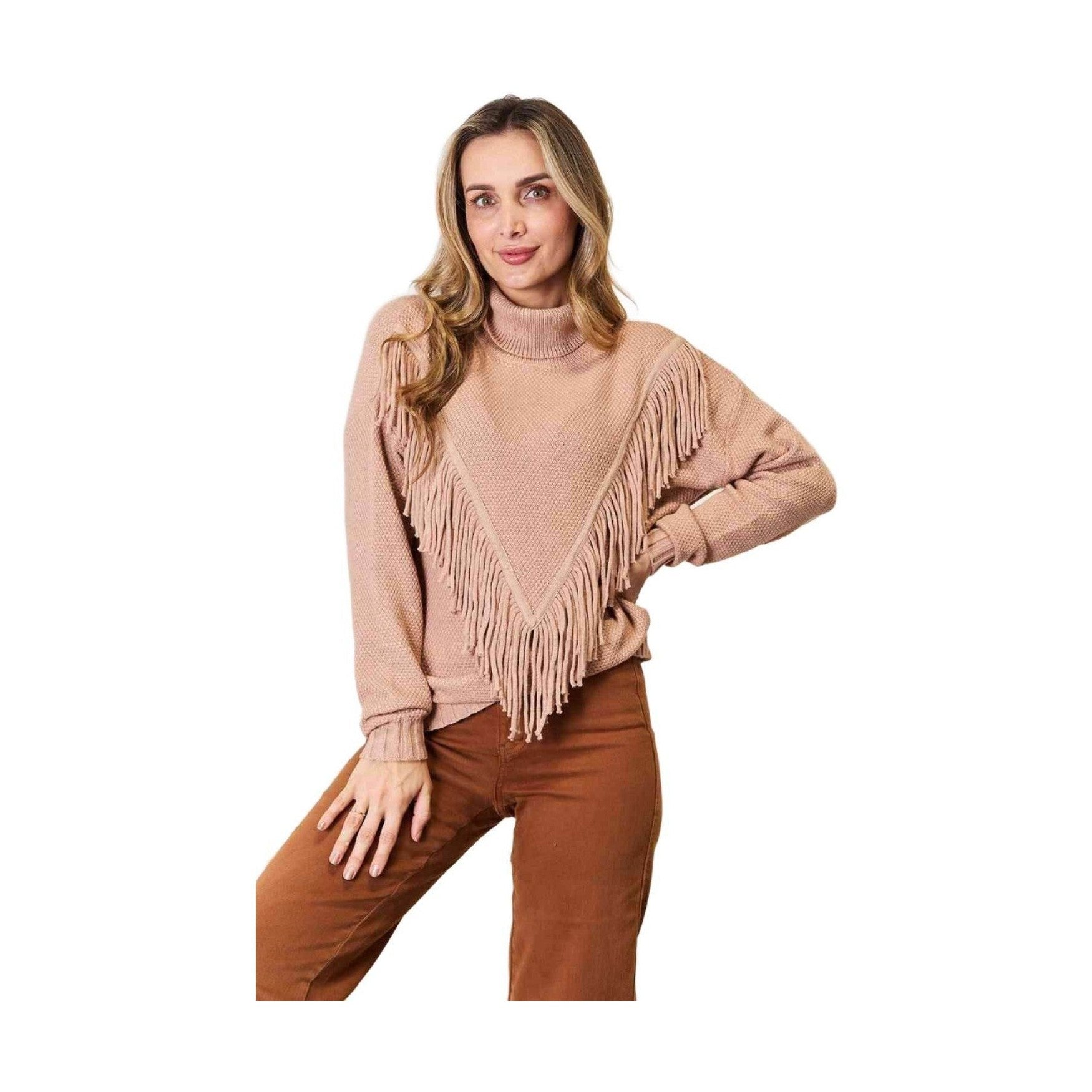 Trendsi Women's Sweater in Beige with fringe front long sleeve design for stylish comfort