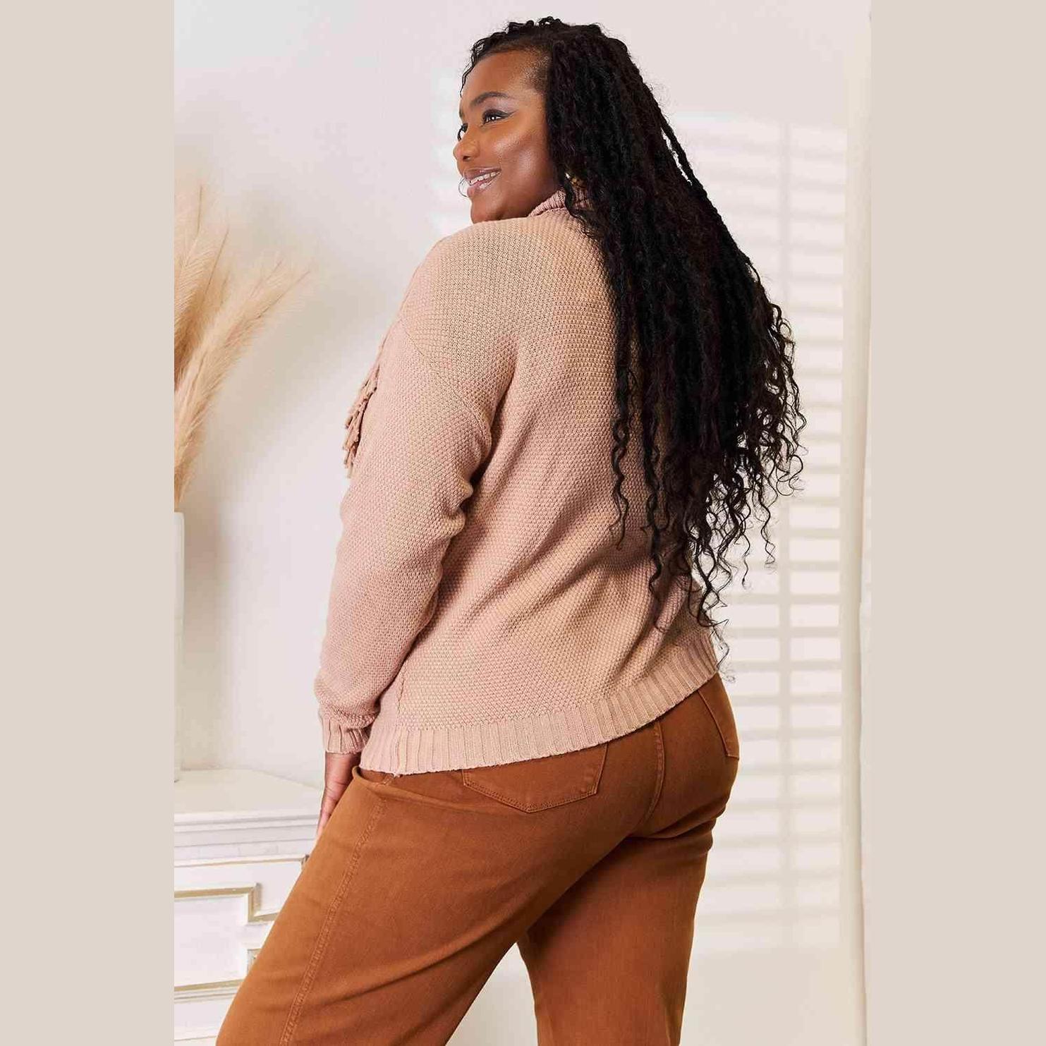 Trendsi Women's Sweater featuring fringe front long sleeve design in soft beige color