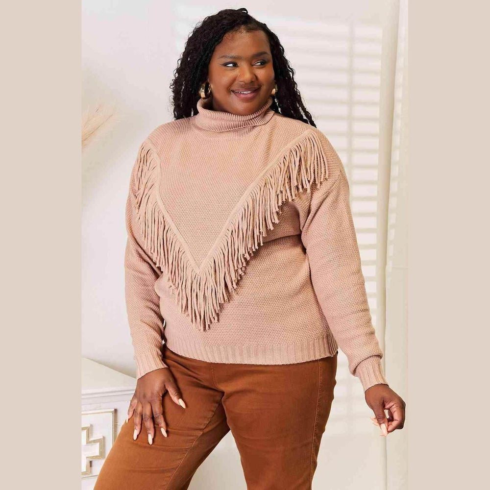 Trendsi Women's Sweater in Soft Beige with fringe front long sleeve design for a stylish look