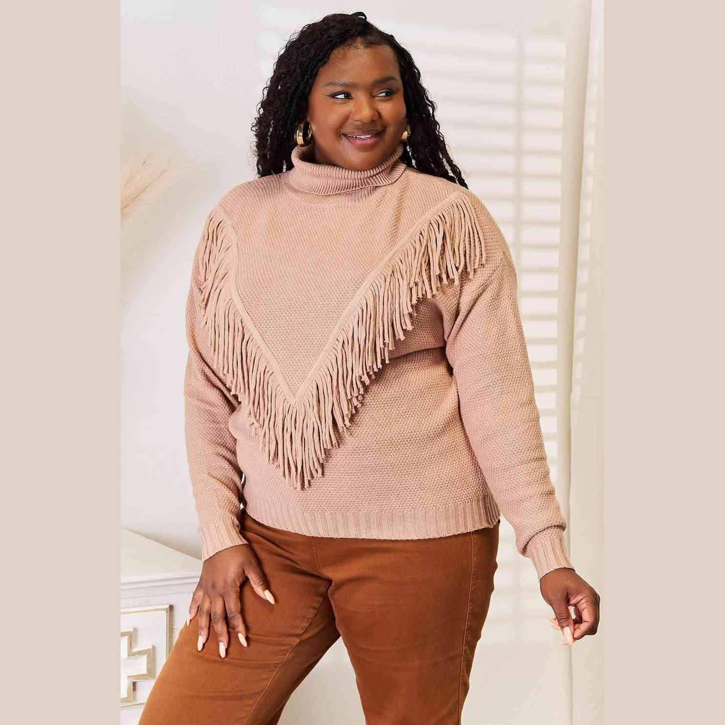 Trendsi Women's Sweater in Soft Beige with fringe front long sleeve design for a stylish look