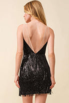 Women's Clubwear Fringe Sequin Bra Top Bodycon Party Dress - Black